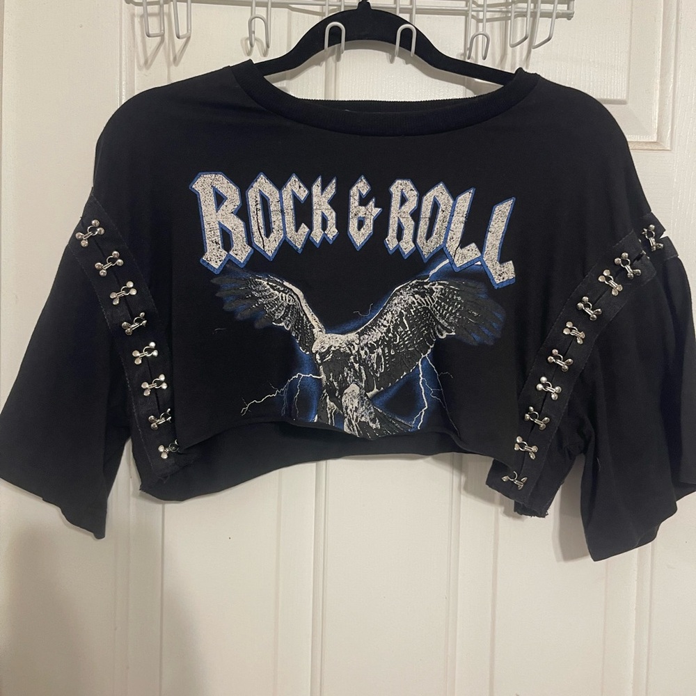 Rock & Roll Eagle Cropped Tee - Black with Blue Accents alt grunge tee
